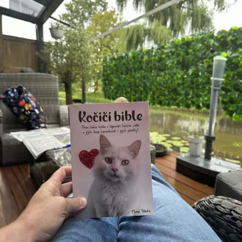 Čtenář s Kočičí biblí na zahradní terase